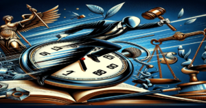 Graphic of a fast-moving stopwatch amidst legal symbols, representing prompt lead response in the legal sector, with Marketing Bull branding.